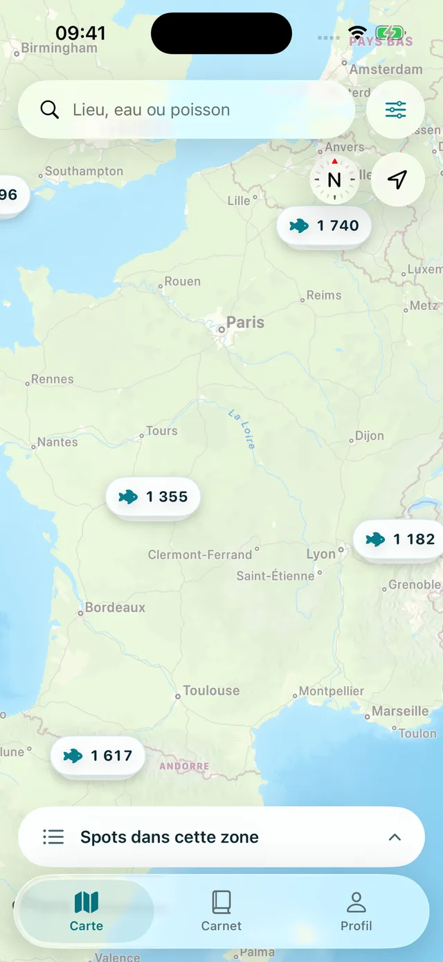 La carte de Où pêcher ? sur iPhone, avec les eaux regroupées par zone
